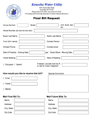 Fillable Online Final Bill Request Form Kenosha Water Utility Fax