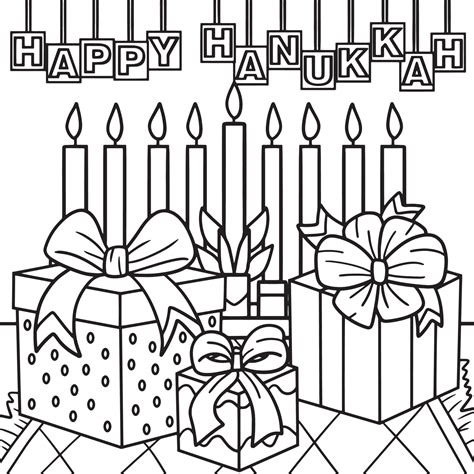 Happy Hanukkah Presents and Menorah Coloring Page 11415723 Vector Art