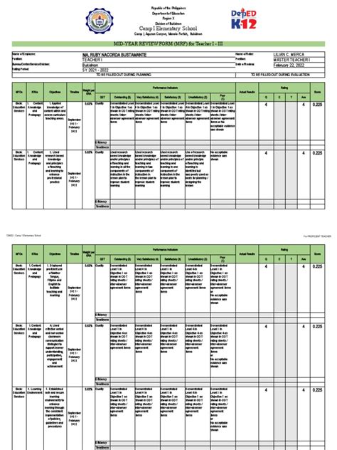 Mid Year Review Form MRF For Teacher I III | PDF | Learning | Lesson Plan