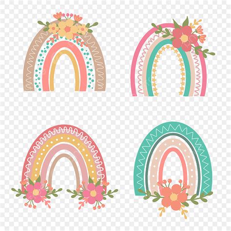 Arco Iris Lindo Dibujado A Mano Con Flores Sryle Boho PNG Flor