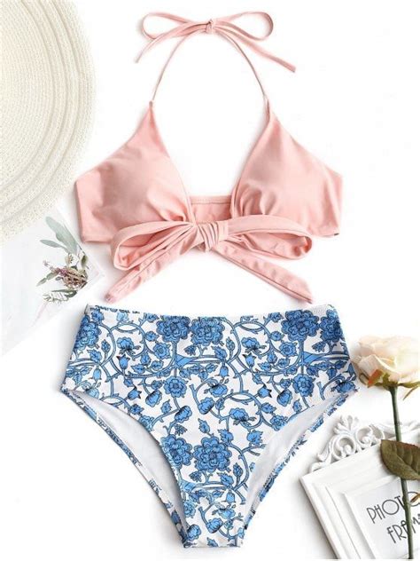 Wrap Bikini Top With Tiny Floral Bottoms SHALLOW PINK S Red Strappy