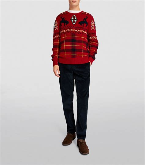 Mens Polo Ralph Lauren Red Stretch Wool Fair Isle Sweater Harrods UK