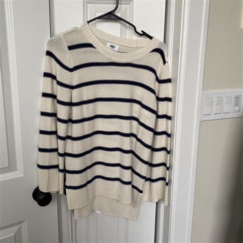 Old Navy White And Navy Striped Sweater Depop