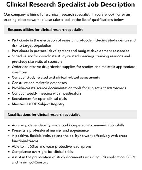 Clinical Research Specialist Job Description Velvet Jobs