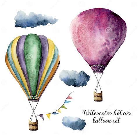 Watercolor Hot Air Balloon Set For Design Hand Painted Vintage Air