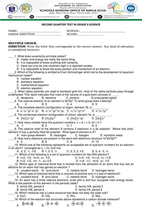 Science Q2 Periodical Test Region III SECOND QUARTER TEST IN GRADE 9