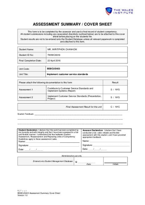 Doc Assessment Summary Cover Sheet Home Work