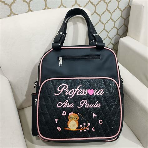 Bolsa Mochila Personalizada Professora Pedagogia Preta Rosa