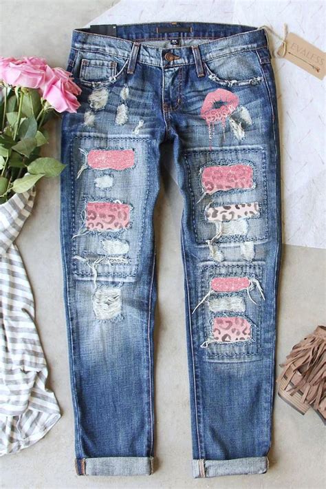 Sky Blue Pink Leopard Lip Mid Waist Denim Ripped Jeans Denim Jeans