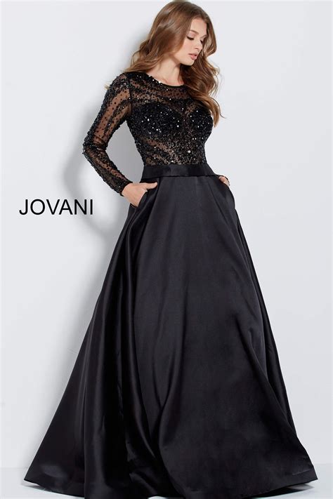 Jovani 46066 Black A Line Pleated High Neck Gown Prom Dresses Long