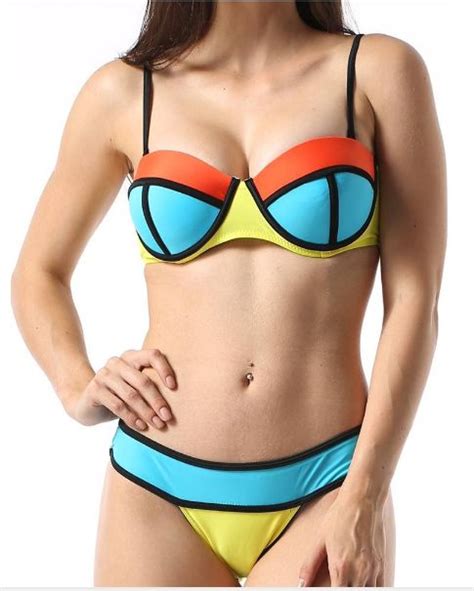 Women Mixed Color Block Neoprene Push Up Triangle Underwire Bikini Sets