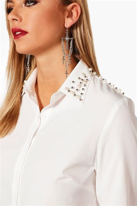 Milena Pearl Embellished Collar Shirt Boohoo Embellished Collar