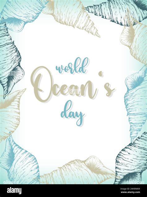 World Oceans Day Card Poster With Seashells Contour Hand Drawing