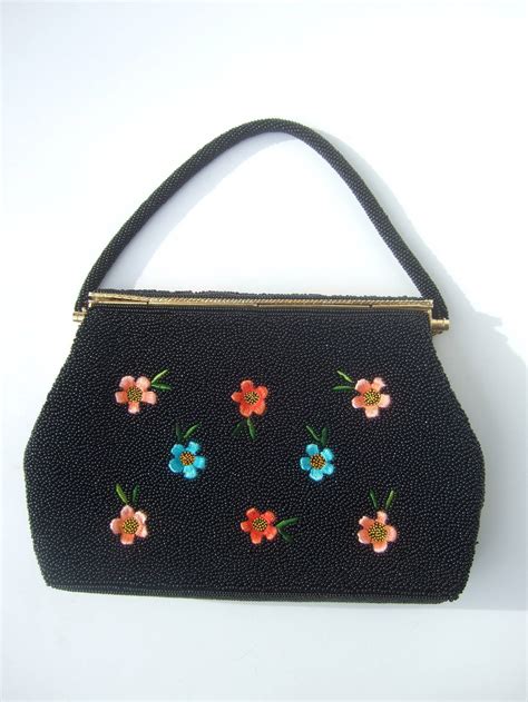 Exquiste Black Glass Beaded Embroidered Evening Bag C 1960 For Sale At