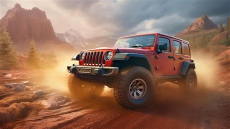 Premium AI Image A Red Jeep Wrangler Is Driving On A Dirt Road