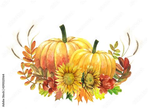 Watercolor two pumpkins and sunflowers isolated on white. Clip art for ...