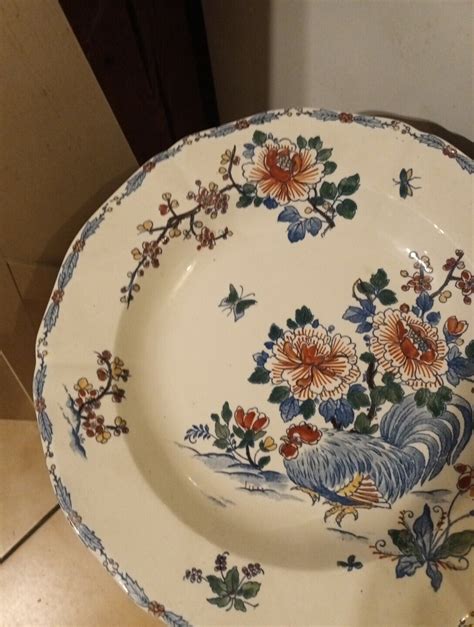 Grand Plat Creux Fa Ence Gien Xix Mod Le Coq Et Pivoine Export Rare Ebay