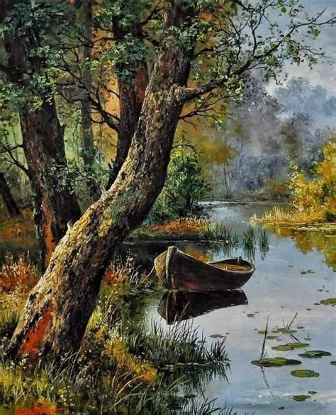 A Painting Of A Boat In The Water By A Tree And Some Leaves On The Ground