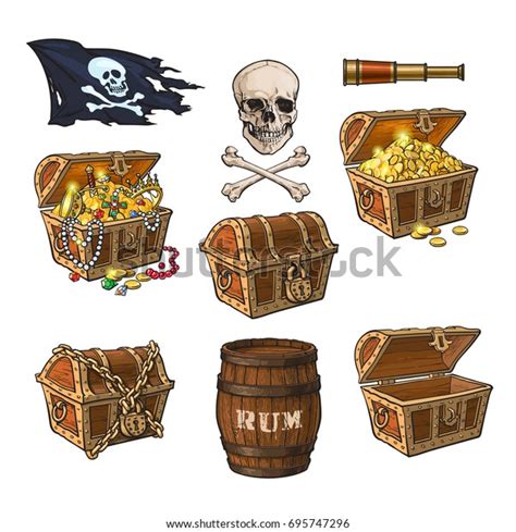 Pirate Set Treasure Chests Jolly Roger Flag Rum Barrel Field Glass