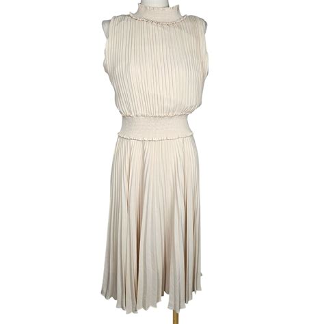 Nanette Lepore Smocked High Neck Pleated Flowy Maxi Dress Cream Women