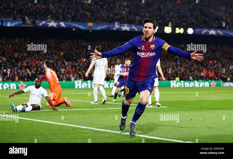 Barcelonas Lionel Messi Celebrates Scoring His Sides Third Goal Of