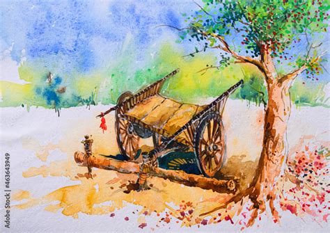 Bright Indian village watercolor painting , hand painted illustration ...