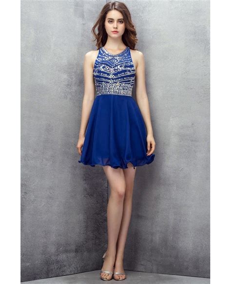 Sparkly Beaded Short Chiffon Blue Prom Dress Yh0108 122