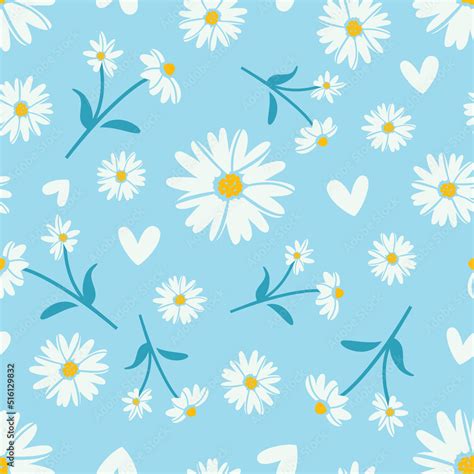 White Daisies On Blue Background Print Floral Daisy Seamless Pattern