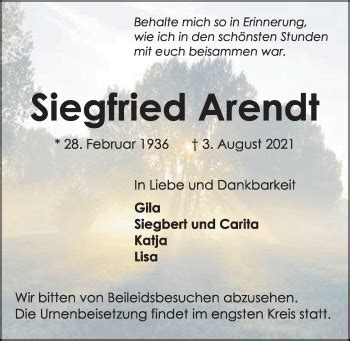 Traueranzeigen Von Siegfried Arendt Trauer Anzeigen De