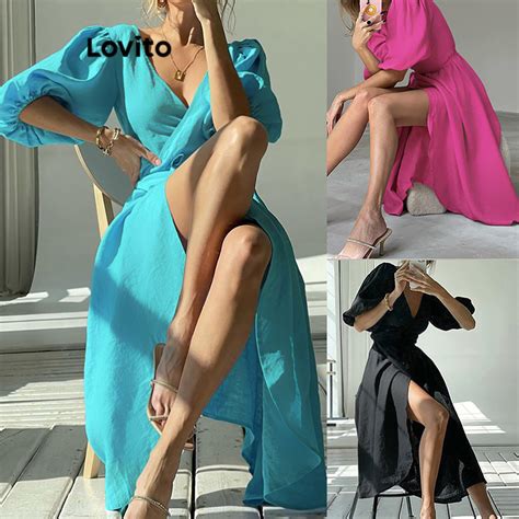 Lovito Vestido Feminino Elegante Mangas Bufantes E Envoltório Liso