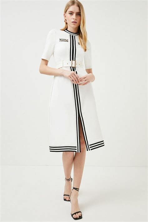 Stripe Detail Ponte Belted Jersey Midi Dress Mono Karen Millen