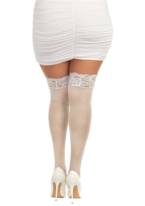 Womens Plus White Anti Slip Lace Thigh High Stockings