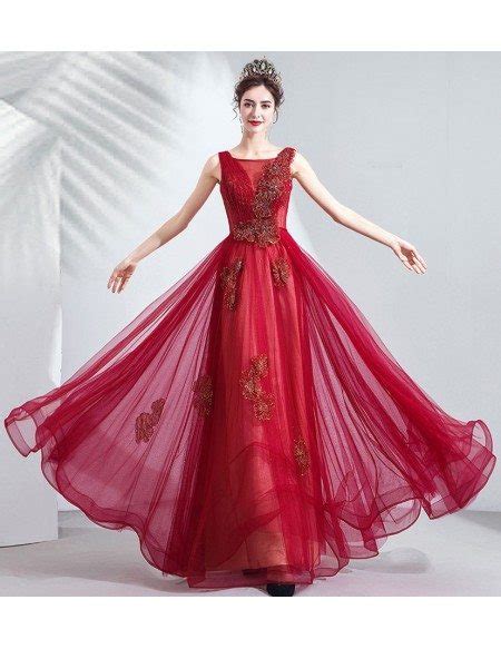 Burgundy Red Tulle Aline Prom Dress With Illusion Vneck Wholesale