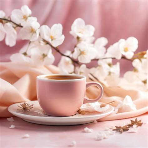 Delicada taza rosa con flor para café tonos apagados ia generativa