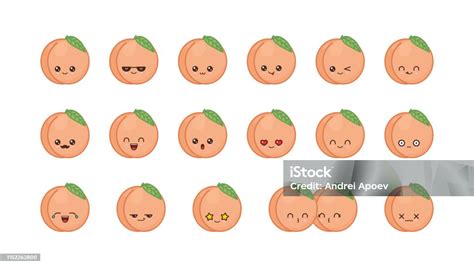 Peach Cute Kawaii Mascot Set Kawaii Food Faces Stock Illustration