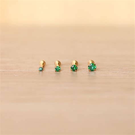 Threadless Gold Labret Stud Cz Green Gem Earring Etsy