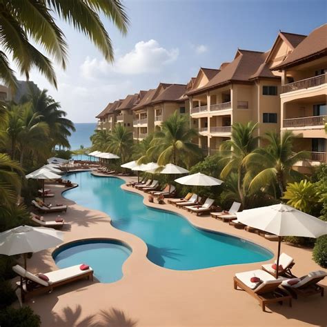 Premium Photo | A hotel pool with a palm tree and a hotel pool