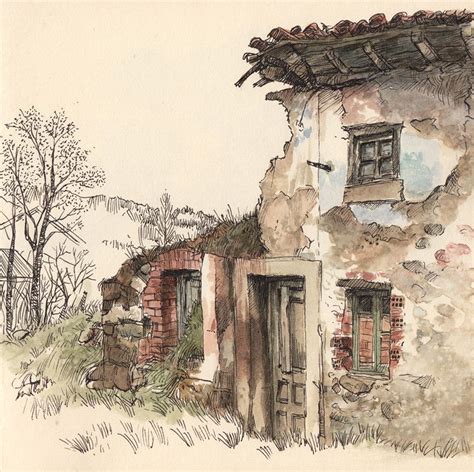 Ruins Under Rain Art Drawings Watercolor Painting Techniques Sketch