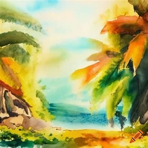 Watercolor Painting Of A Tranquil Jamaican Landscape On Craiyon