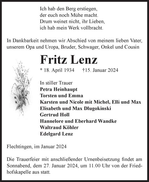 Traueranzeigen Von Fritz Lenz Abschied Nehmen De