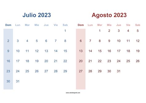 Calendario Julio Y Agosto Para Imprimir Gratis