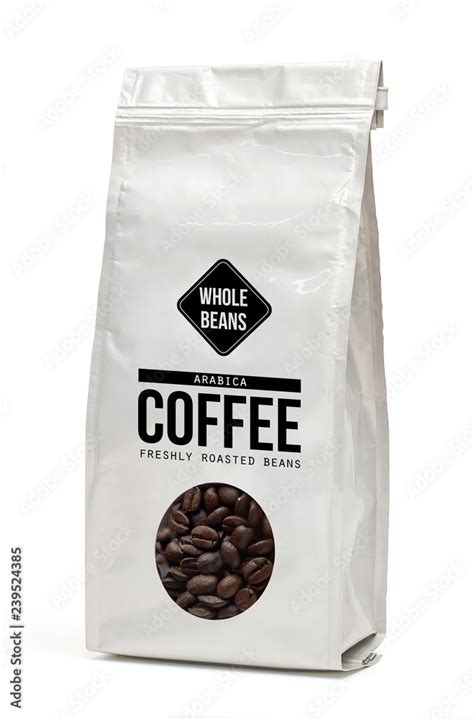 White Paper Bag With Coffee Beans In Transparent Window On White