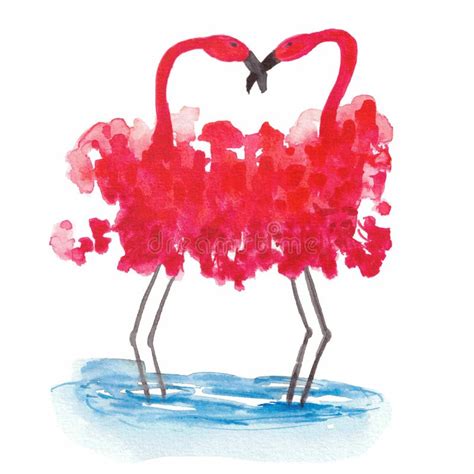 Watercolor Illustration Red Flamingos Two Flamingos Dancing In A