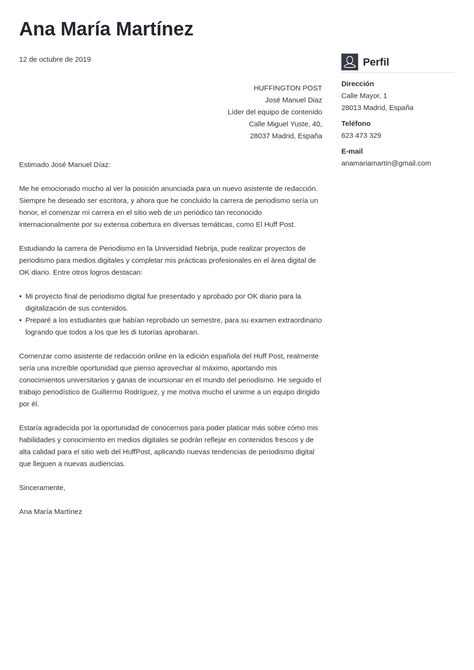 Carta de presentación sin experiencia ejemplos