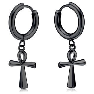 Achat Boucles D Oreilles Homme Noires Croix Gyptienne Ankh En Acier