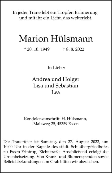 Traueranzeigen von Marion Hülsmann Trauer in NRW de