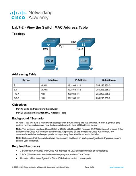 Lab View The Switch Mac Address Table Topology Addressing Table