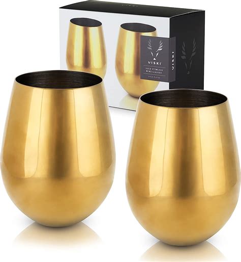 Viski Gold Wine Glasses Stemless Wine Glass Set Stainless Steel With Gold Finish