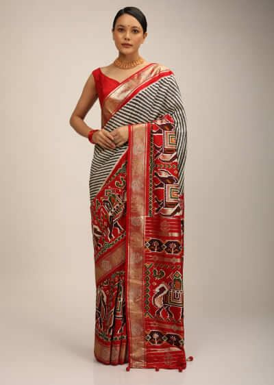 Buy Off White Saree In Silk With Multi Colored Patola And Foil Print