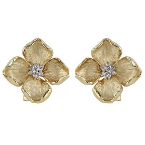 Diamond Gold Flower Earrings at 1stdibs